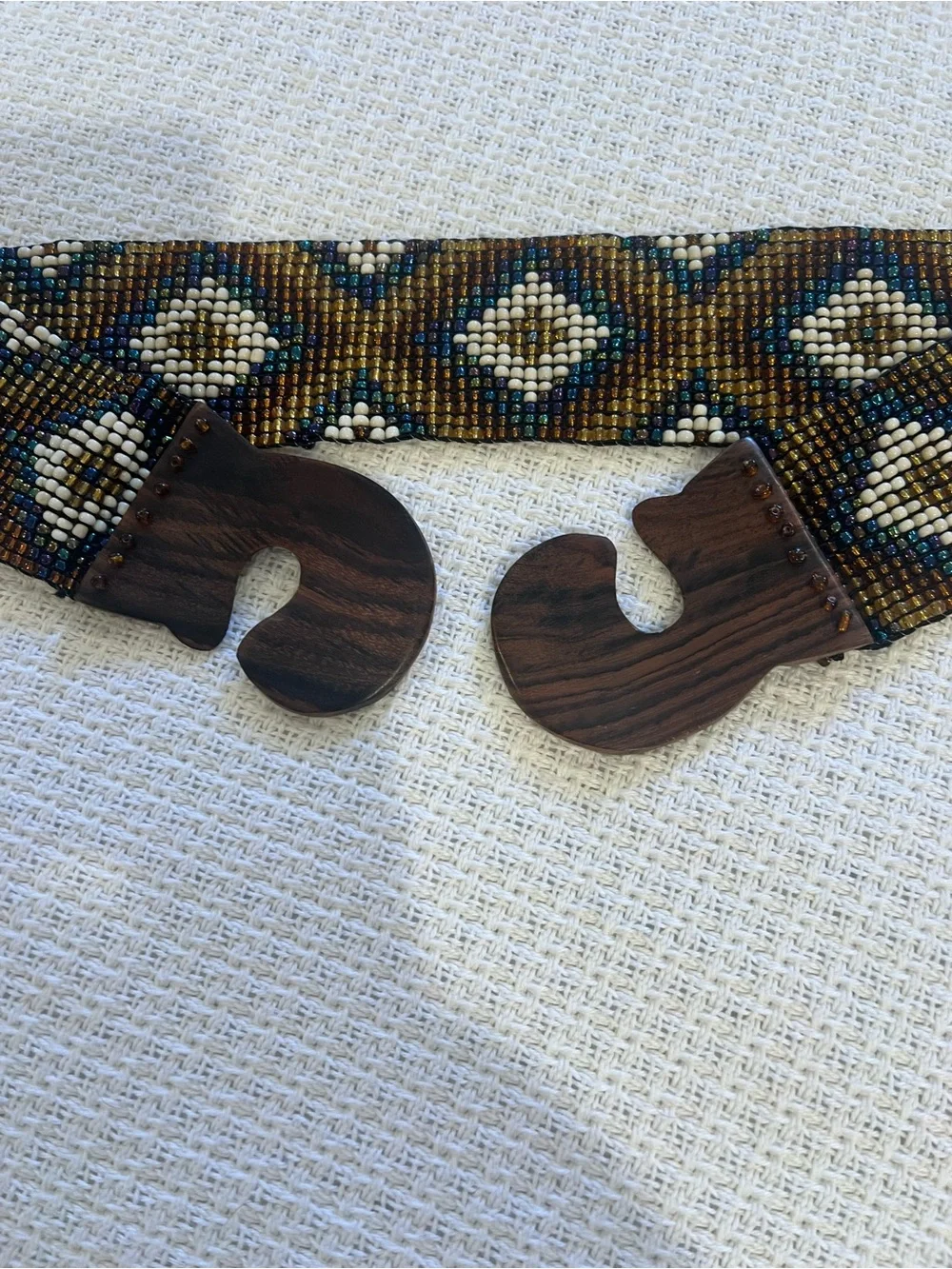 Hand-Beaded Earth Tone Women's Waist Belt with Wooden Buckle